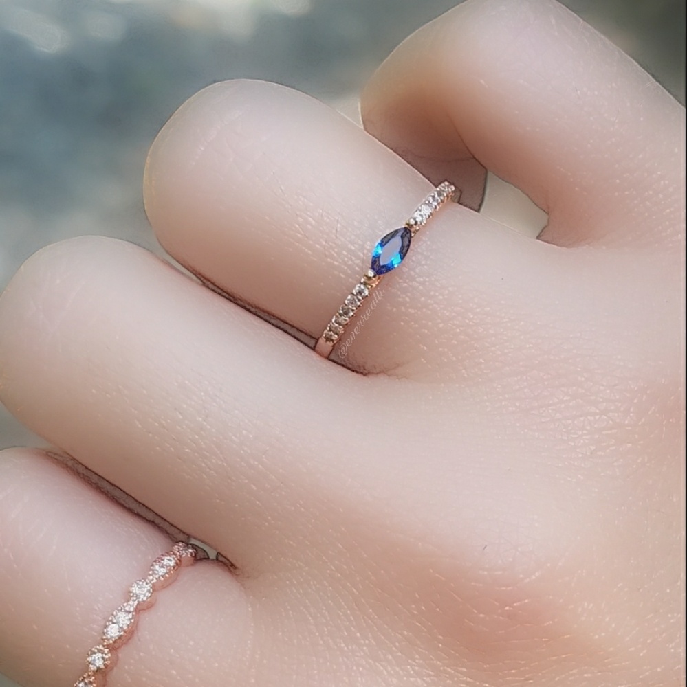 Rose Gold Tiny Blue Sapphire Marquise Dainty Ring - Picture 7 of 7